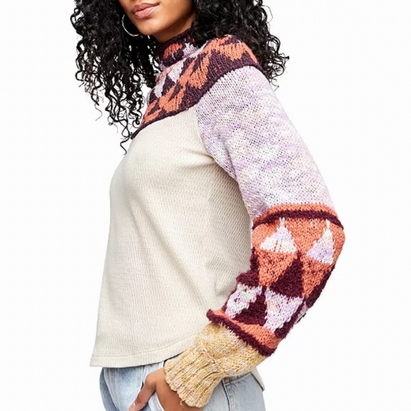 FREE PEOPLE CROCHET TURTLENECK SWEATER IN FEMME COMBO LONG PUFF SLEEVES - Picture 2 of 15